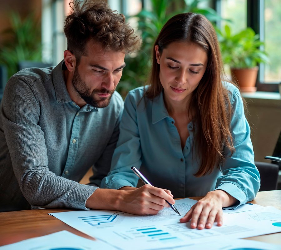 Business professionals analysing data and planning corporate strategy together